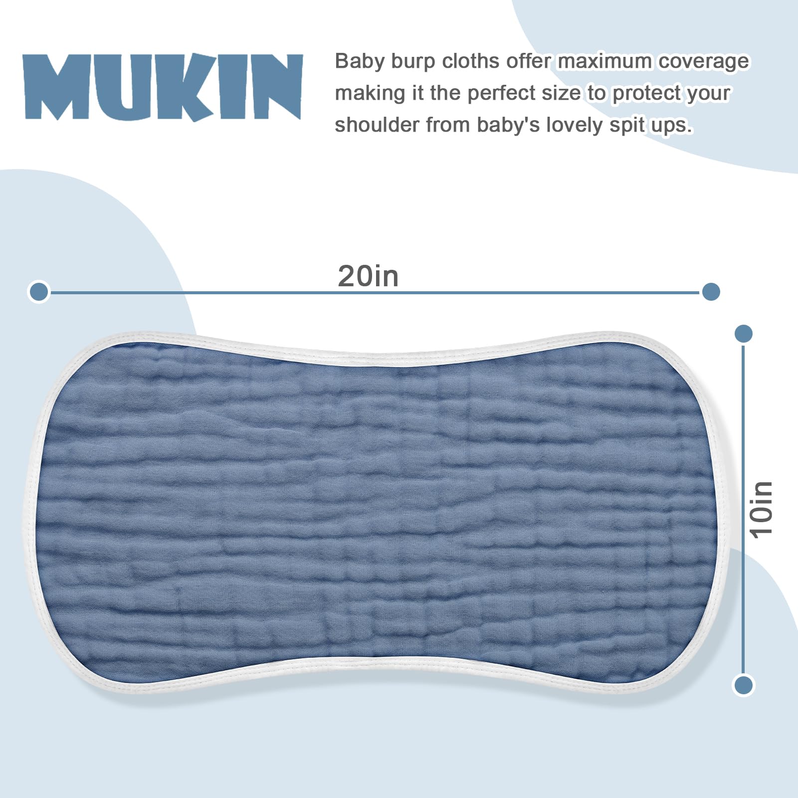 MUKIN burp cloth closeup highlights six-layer muslin softness for delicate baby skin.
