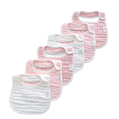MUKIN gradient pink muslin bibs and burp cloths on display, soft absorbent fabric for spills
