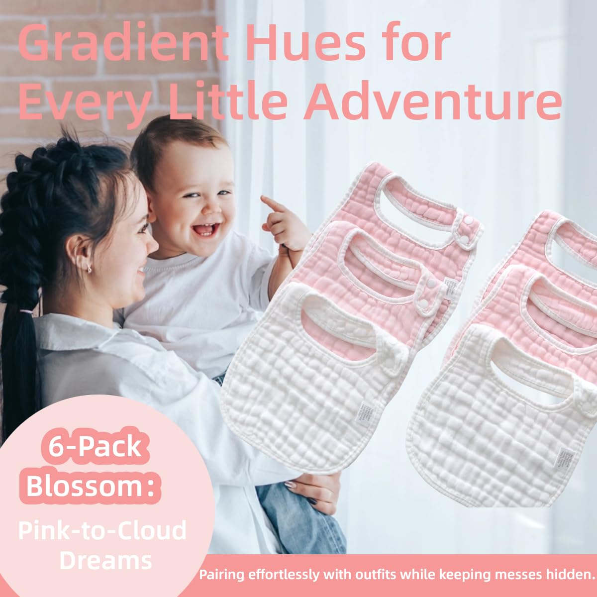 Gradient pink colorway visible on MUKIN bibs, adding cheerful style during meals