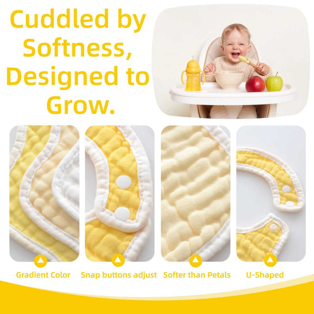 MUKIN baby muslin bibs gradient yellow snaps closeup highlights adjustable fit as baby grows