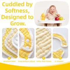MUKIN baby muslin bibs gradient yellow snaps closeup highlights adjustable fit as baby grows