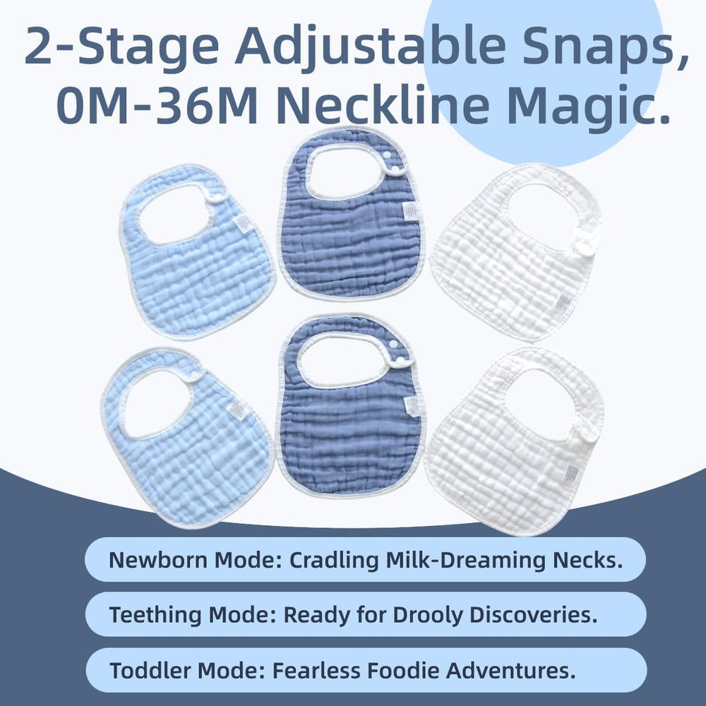 MUKIN baby muslin bibs snap closures closeup showcases adjustable fit for growing infants.
