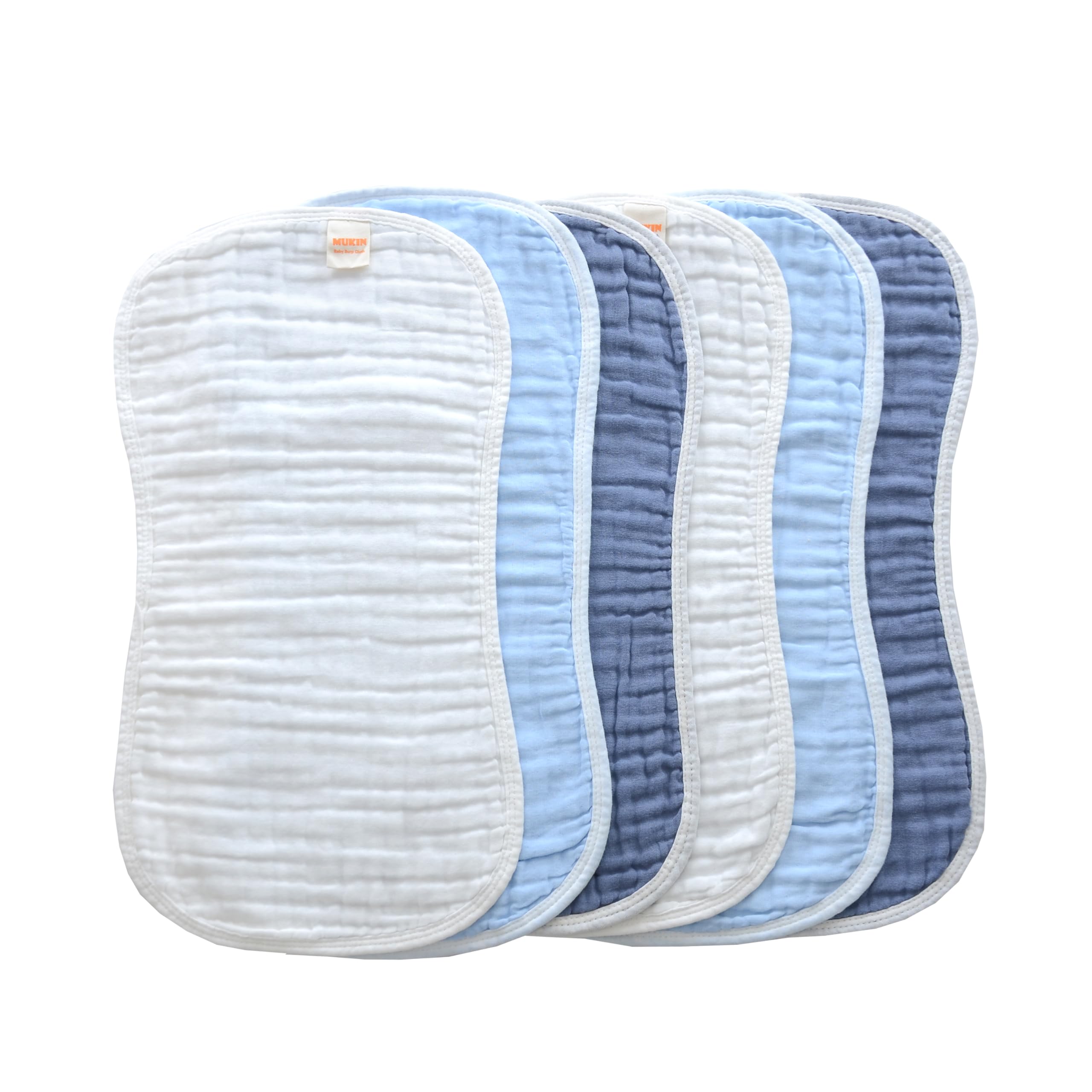 MUKIN baby burp cloths laid flat showing soft, absorbent 6-layer muslin for spit-up protection.