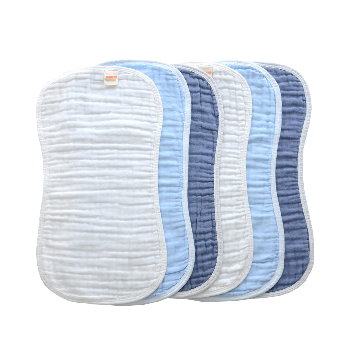MUKIN baby burp cloths laid flat showing soft, absorbent 6-layer muslin for spit-up protection.