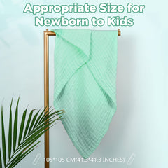 MUKIN baby towels measure 41.5 by 41.5 inches for wrapping newborns.