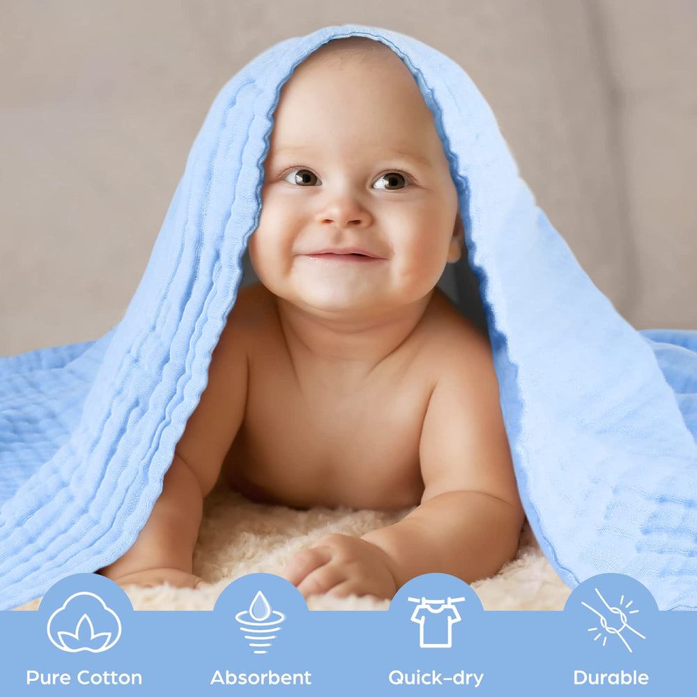 MUKIN white and blue towels two-pack displayed as a versatile baby care set
