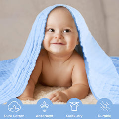 MUKIN white and blue towels two-pack displayed as a versatile baby care set