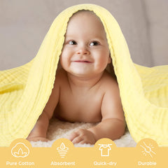 MUKIN baby towels wrapped snugly after bath for quiet, warm post-bath time.