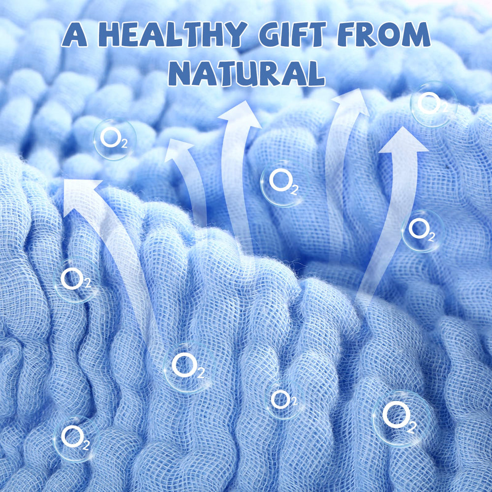 MUKIN blue and white washcloths, fast-drying design for nursery use.
