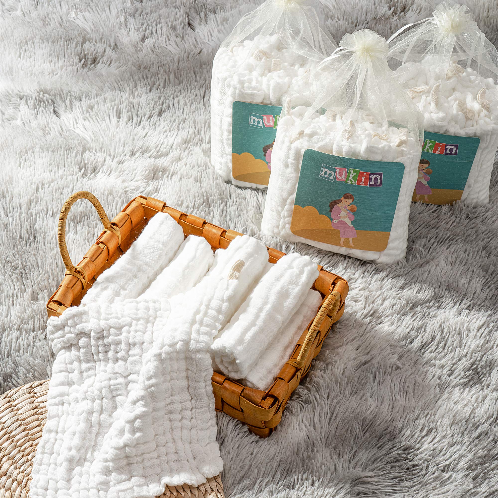 MUKIN gender-neutral design washcloths suitable for baby showers.