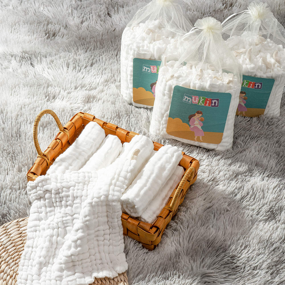 MUKIN gender-neutral design washcloths suitable for baby showers.