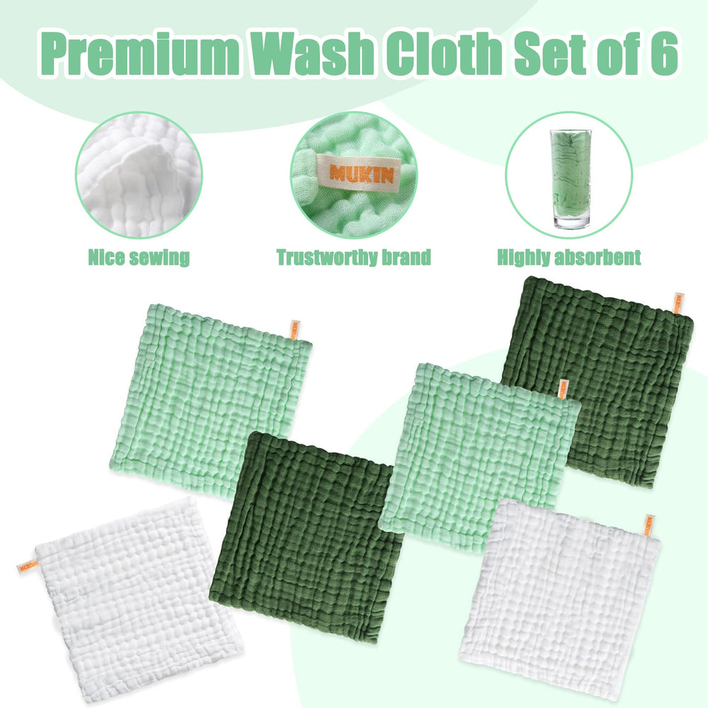 MUKIN washcloths in deep green light green and white for soothing bath time