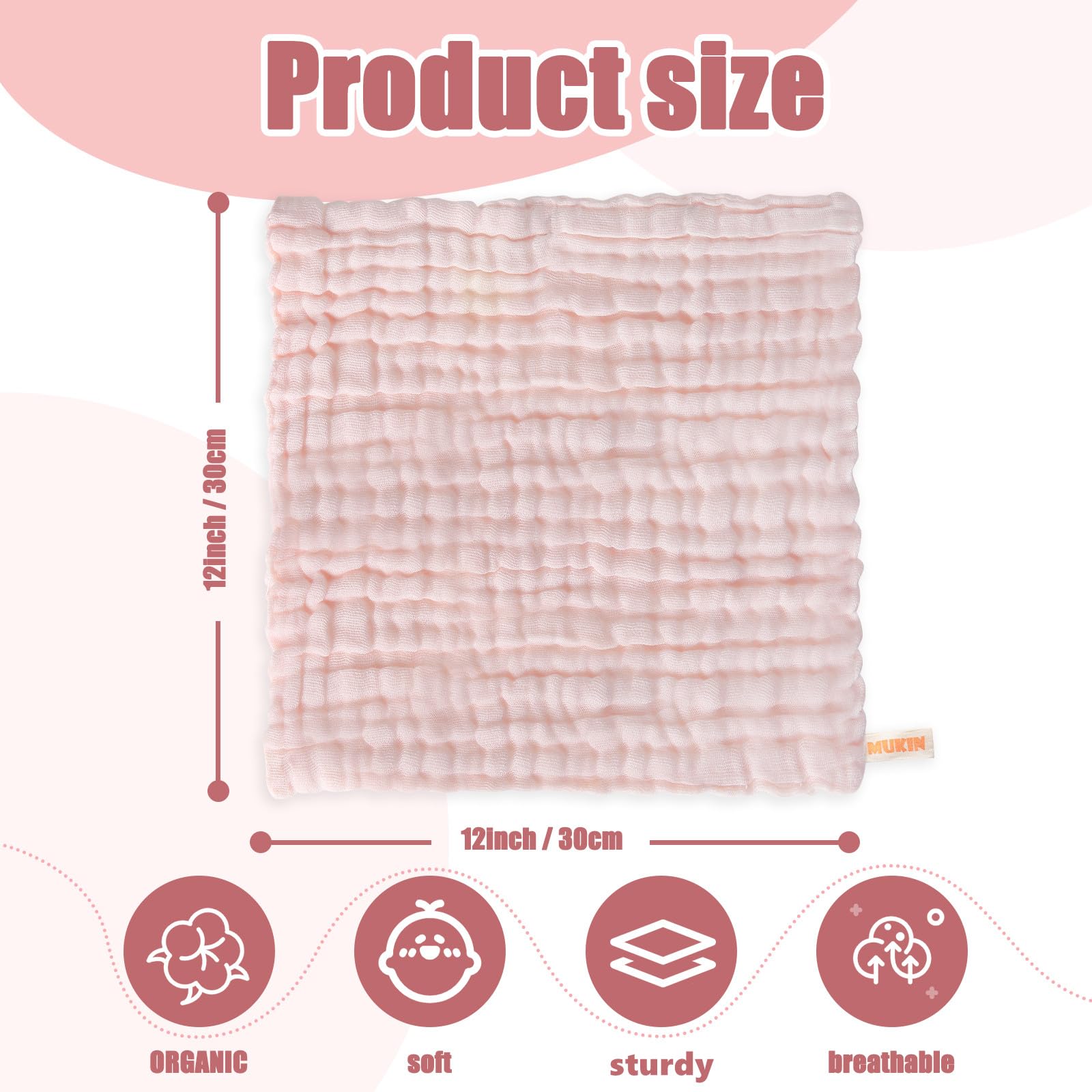 MUKIN baby washcloths 12x12 pink, soft and absorbent for spills.