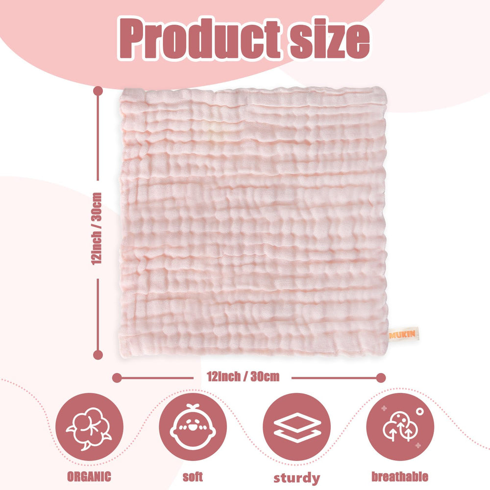 MUKIN baby washcloths 12x12 pink, soft and absorbent for spills.