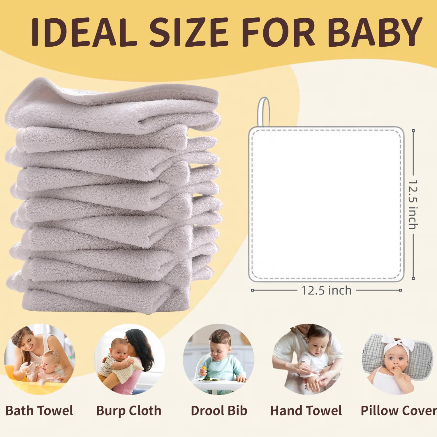 MUKIN baby washcloths set 12x12 gray multiuse pack for bath and wipe-downs