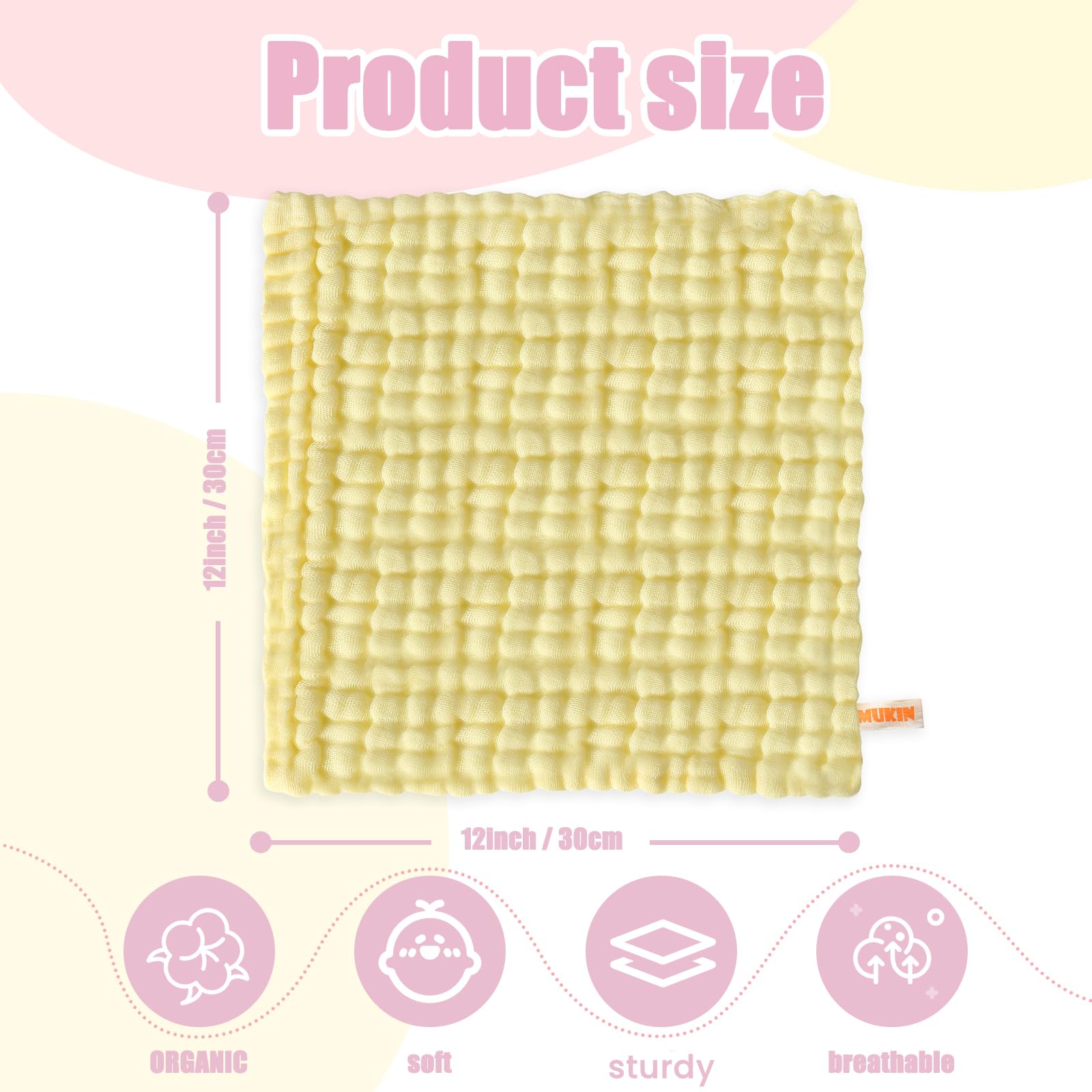MUKIN baby washcloths six-layer design close-up emphasizes absorbency and softness.