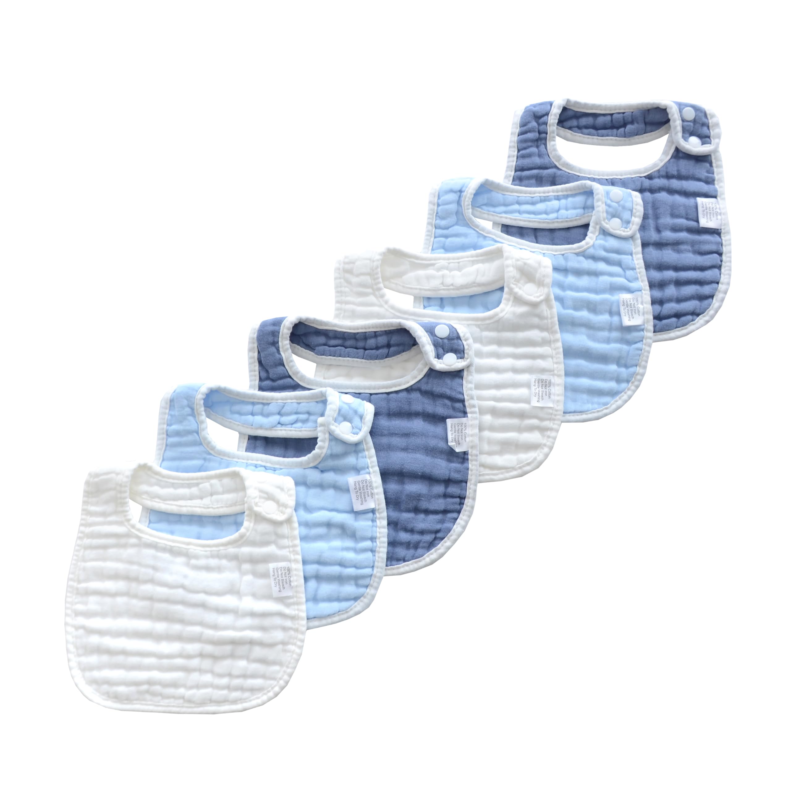 MUKIN gradient blue bibs closeup shows soft absorbent cotton for drool and spills.