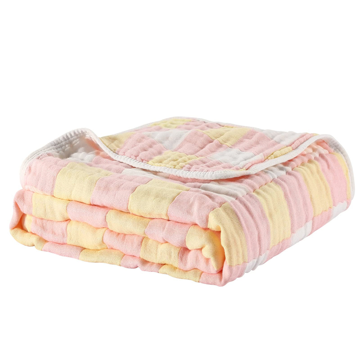 MUKIN cotton swaddle blanket folded in pink shows soft, cozy texture for everyday use.