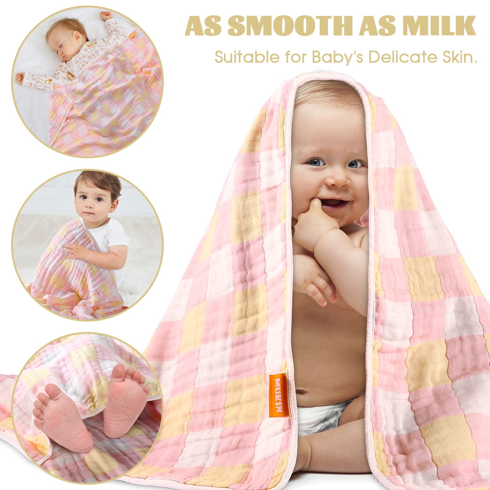 MUKIN cotton swaddle blanket folded in yellow emphasizes gentle, breathable baby warmth.