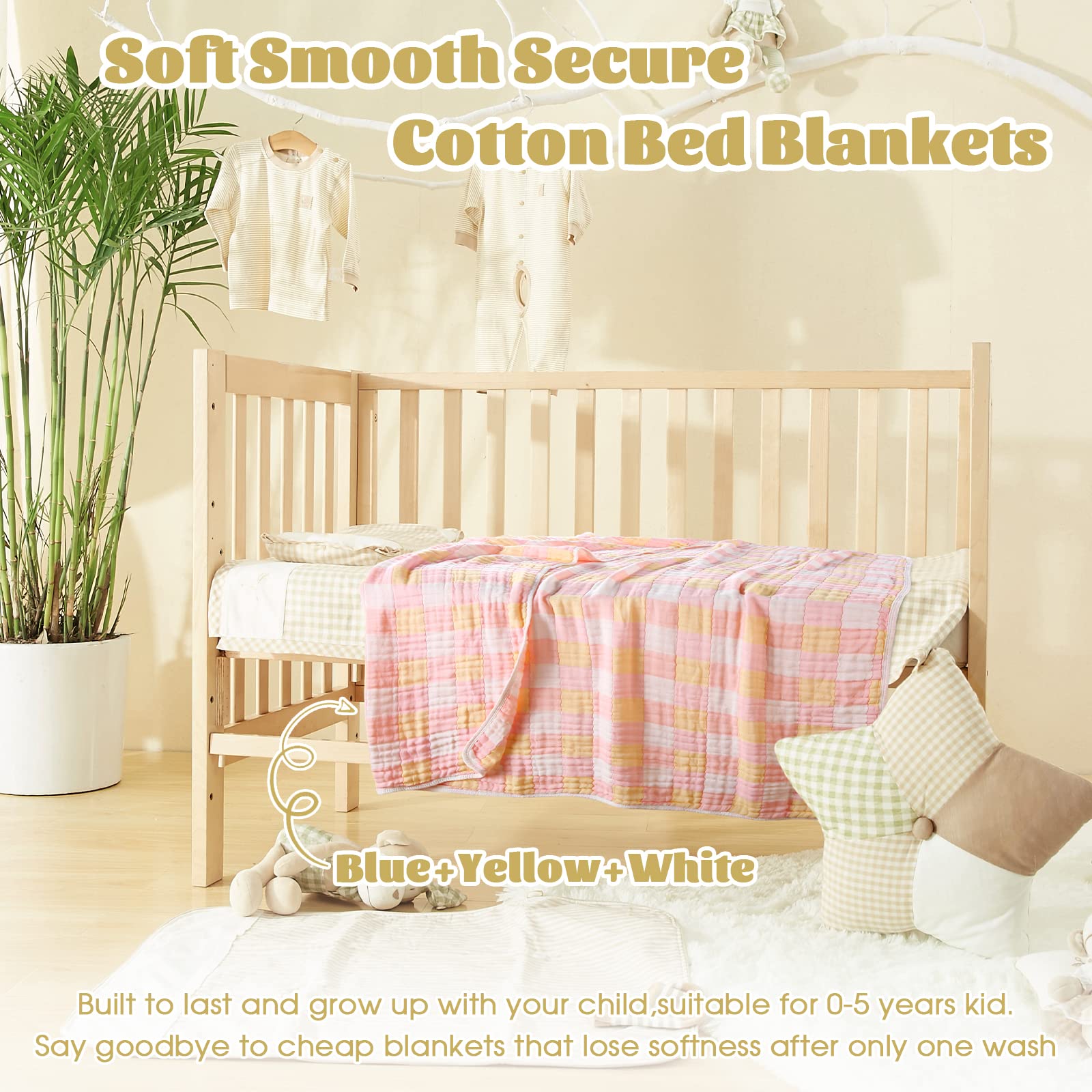 MUKIN baby crib scene highlights durable edge and fade-resistant fabric.