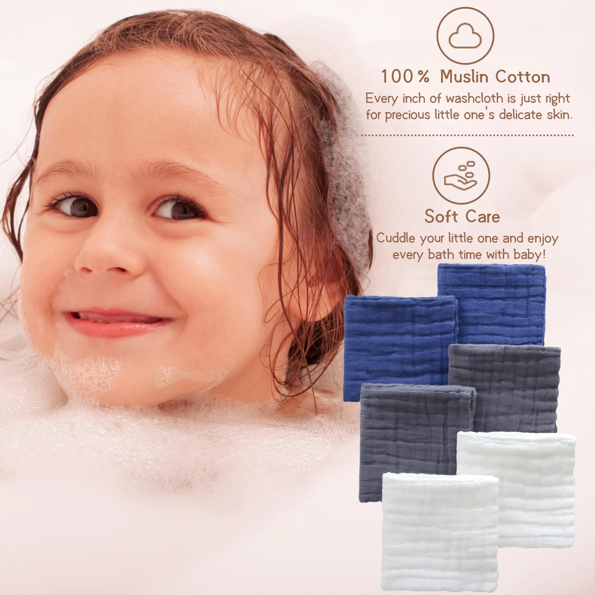 MUKIN small baby washcloths dark gray 12x12 soft, breathable for bath time