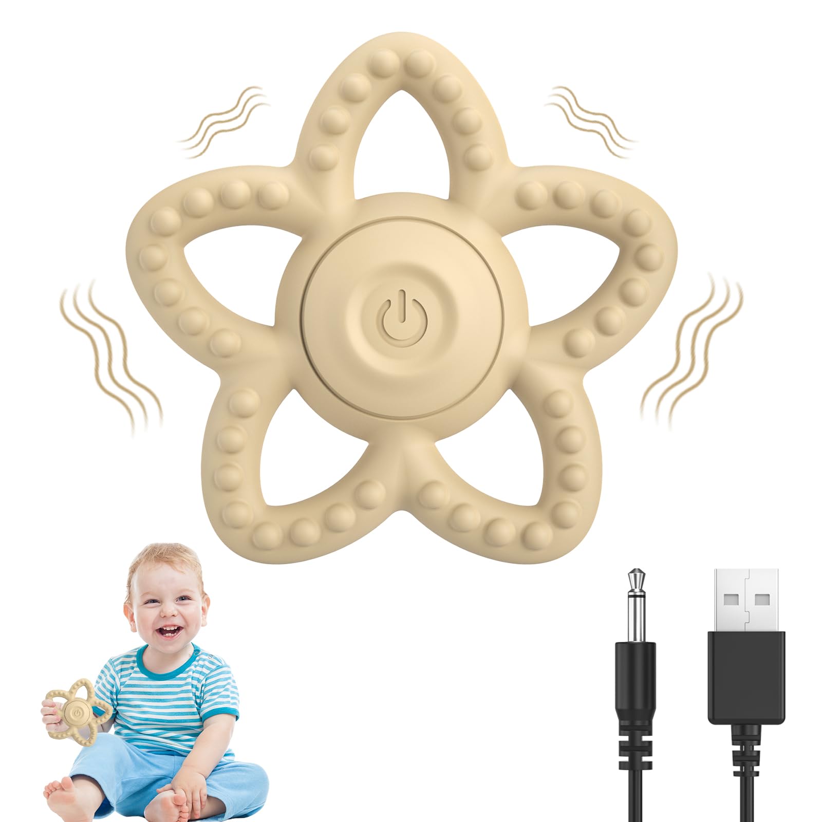 Mukoiber vibrating sensory chew toy beige closeup promotes safe teething and calming play.