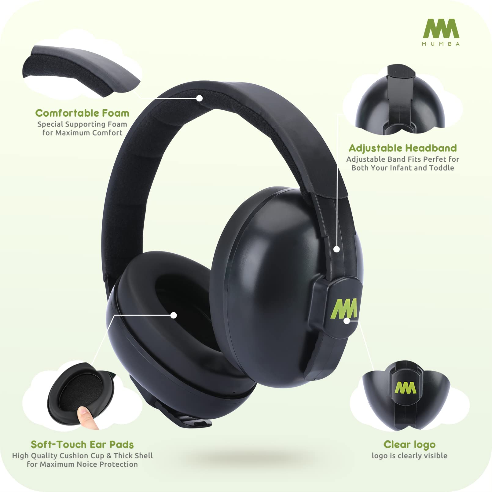 Mumba Baby Earmuffs adjustable headband demonstrates zero-pressure wear for sensitive ears.