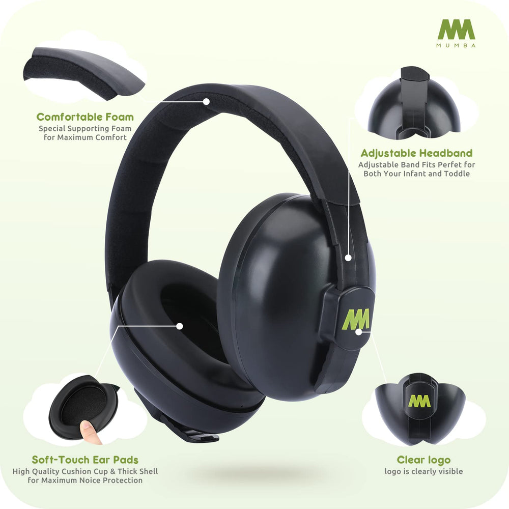 Mumba Baby Earmuffs adjustable headband demonstrates zero-pressure wear for sensitive ears.