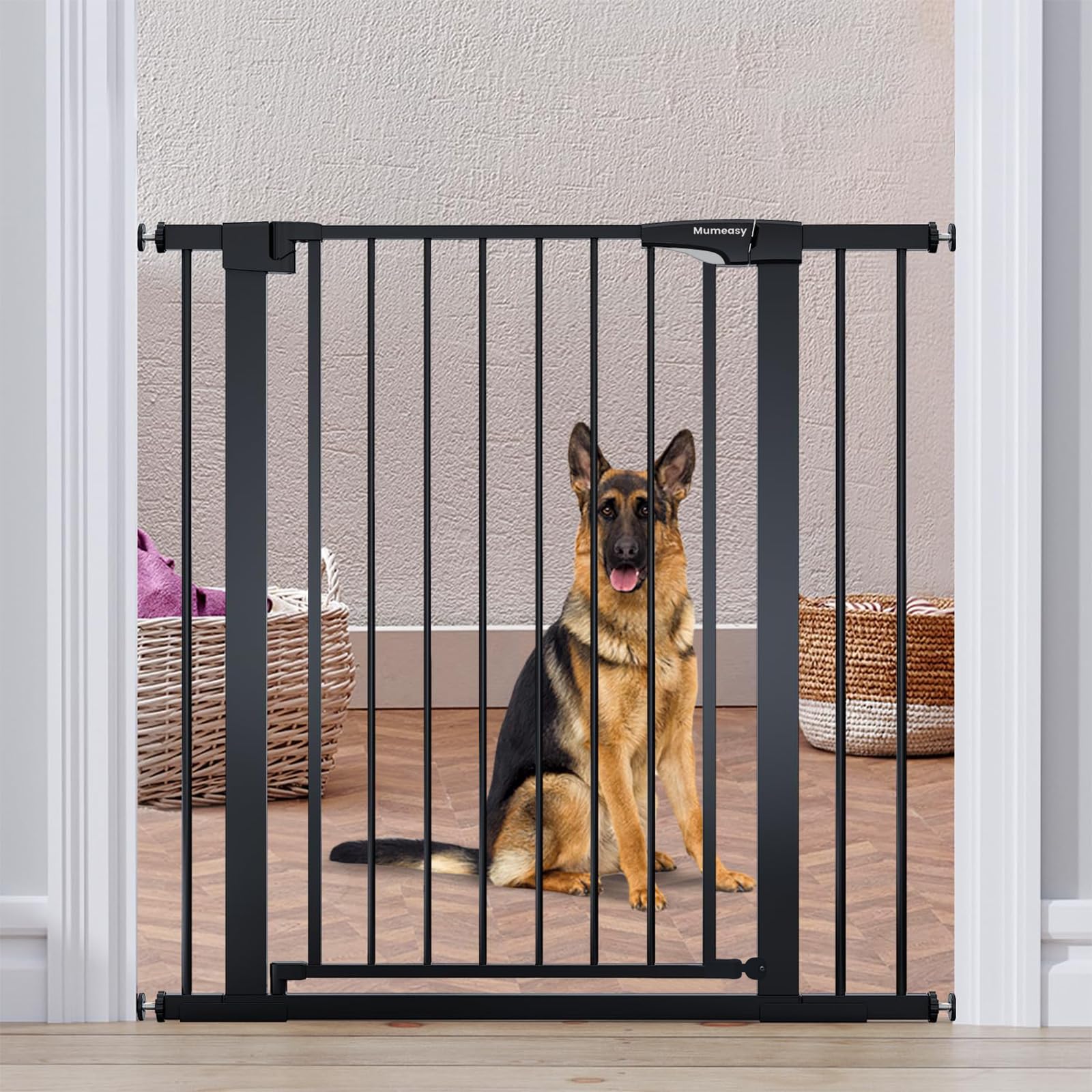 Mumeasy 36-inch extra tall dog gate blocks stair openings for pet safety.