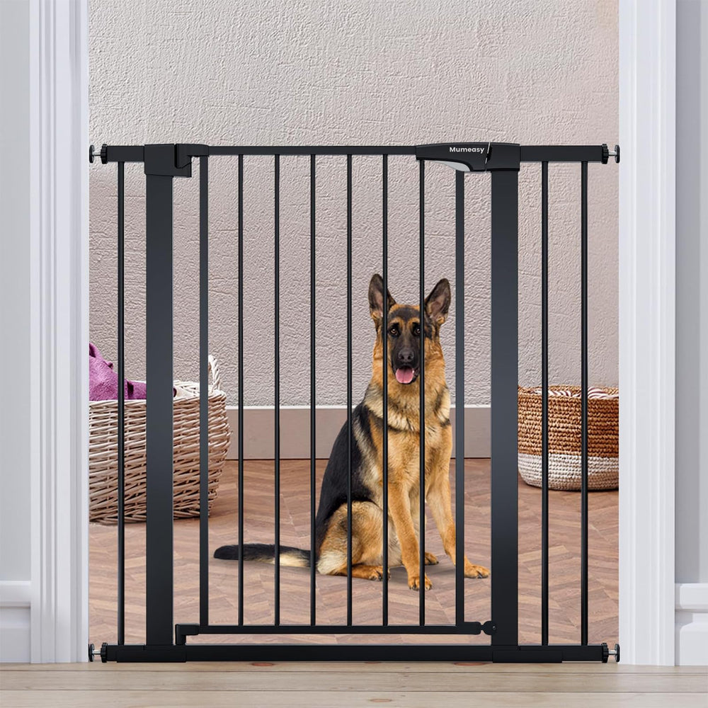 Mumeasy 36-inch extra tall dog gate blocks stair openings for pet safety.