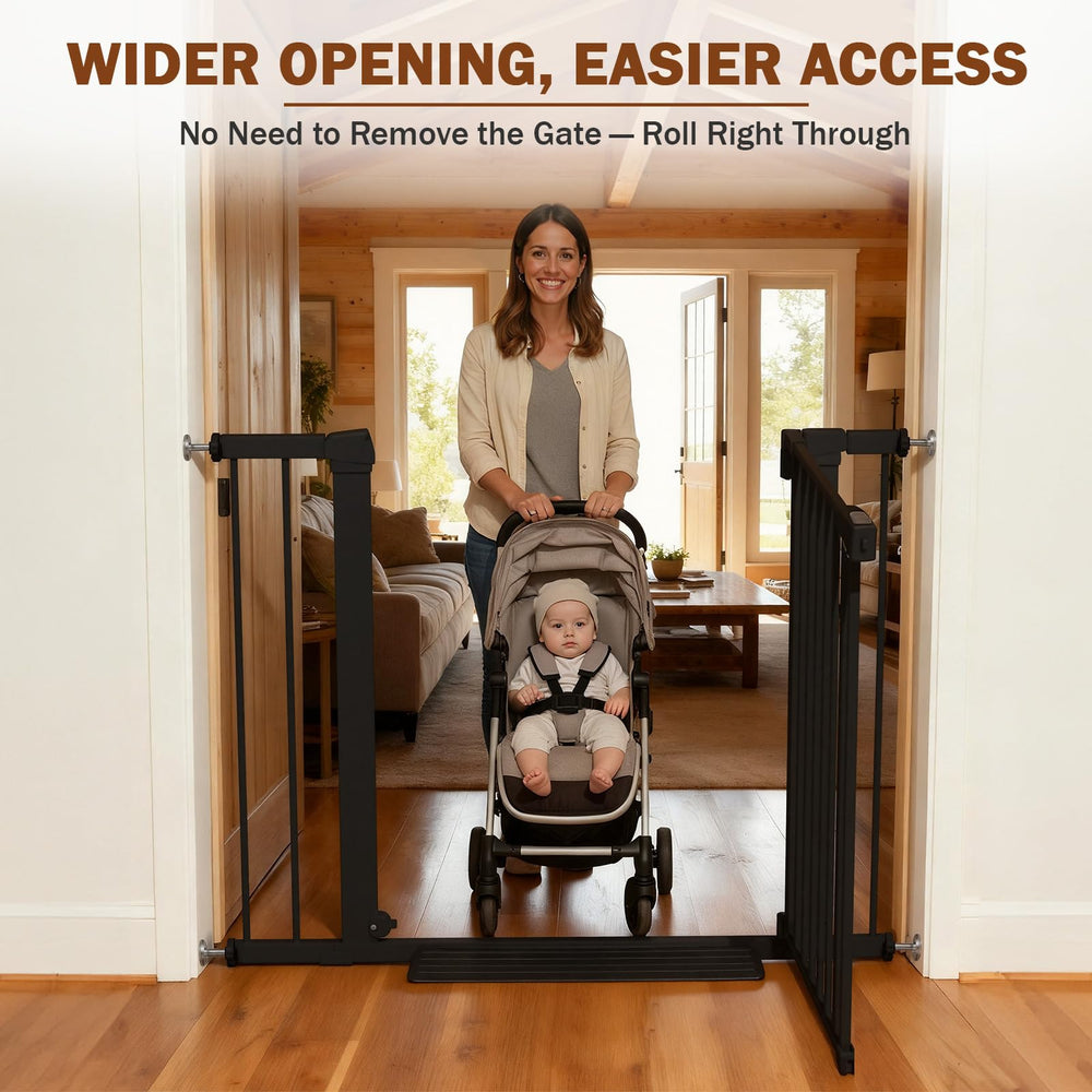 Mumeasy black dog gate blends with home décor while containing pets.