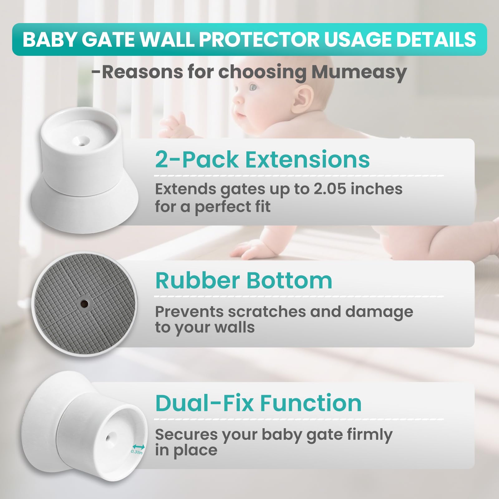 Mumeasy extension length 0.86–4.1in shows adjustable fit for gates.