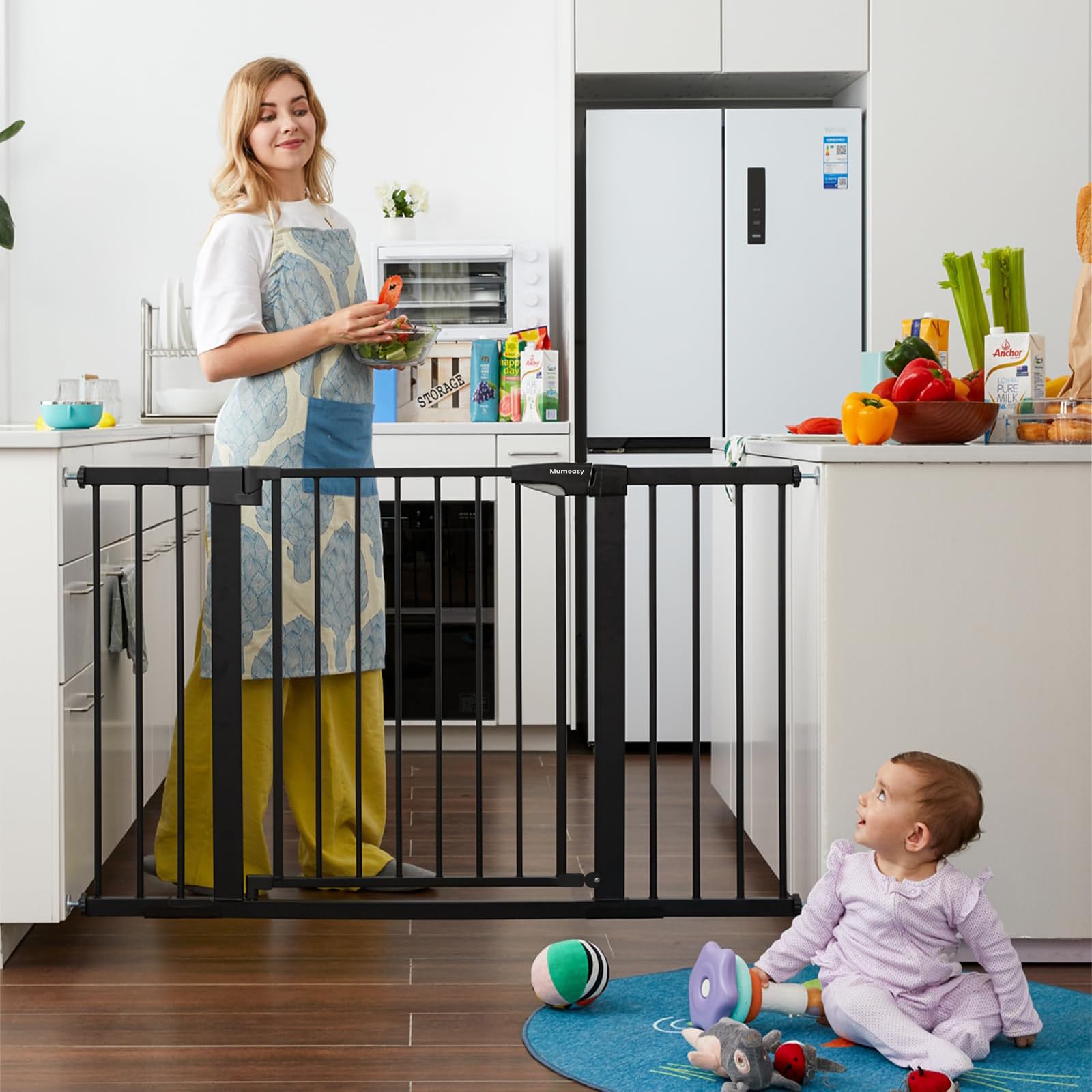 Mumeasy walk-through door in action for easy adult passage while pets stay contained