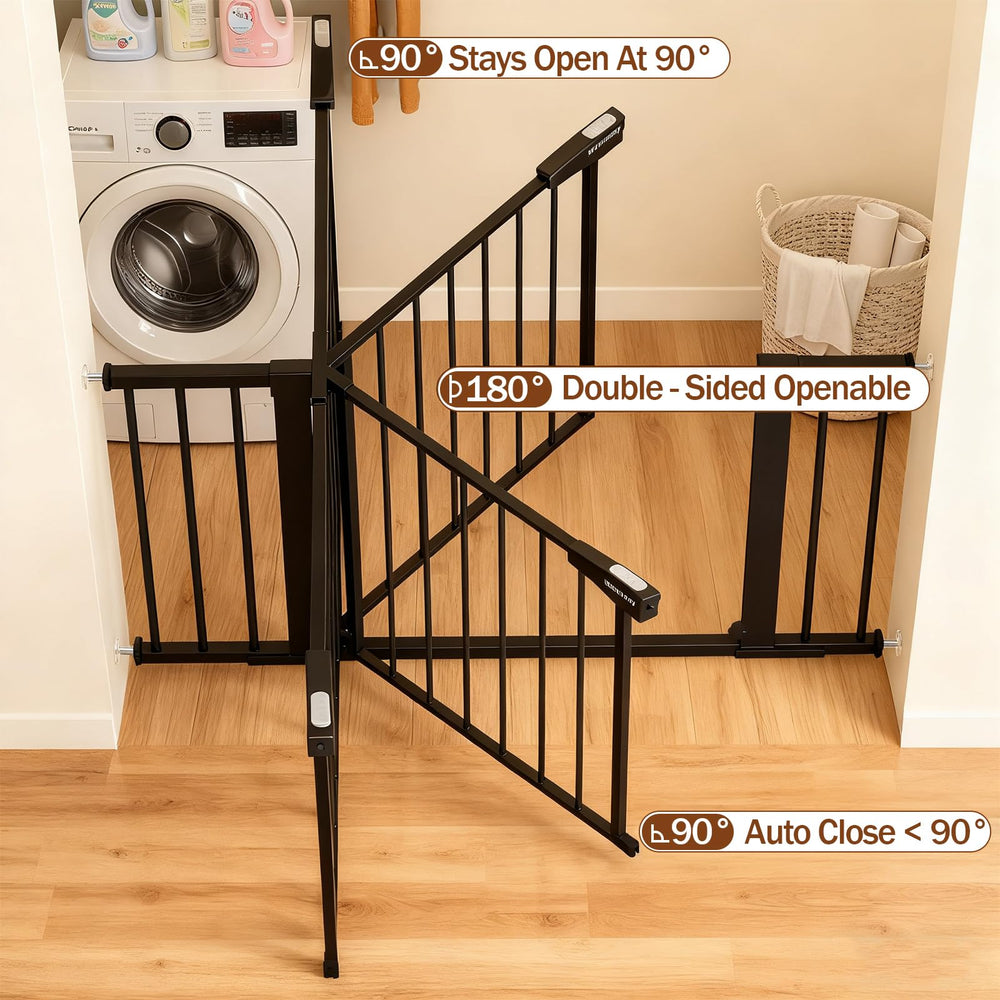 Mumeasy walk-through gate offers convenient one-handed passage for parents.