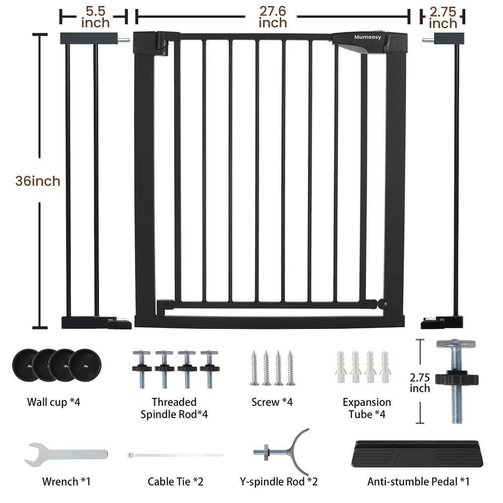 Mumeasy pressure-mount dog gate demonstrates tool-free setup and wall protection.