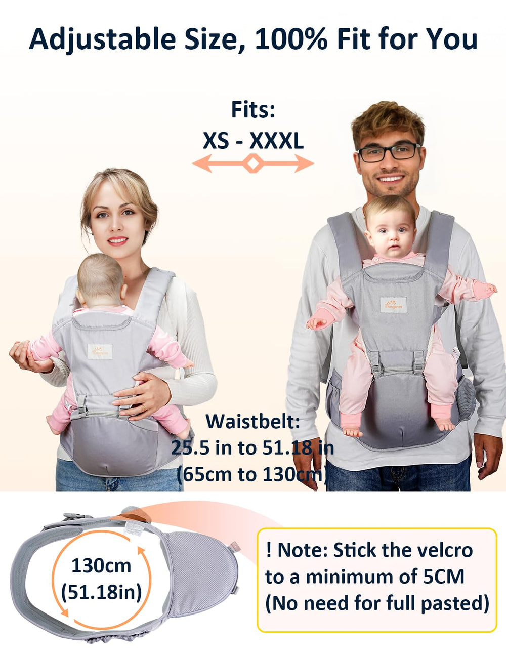 Mumgaroo adjustable waist belt demonstrates fit from XS to XXXL for everyday versatility.