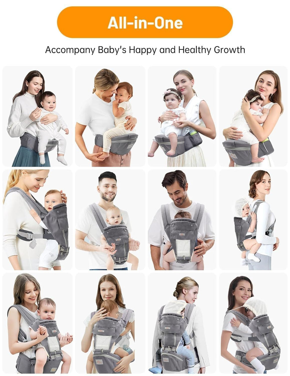 Mumgaroo 6-in-1 carrier shown in multiple carrying positions for growing babies.