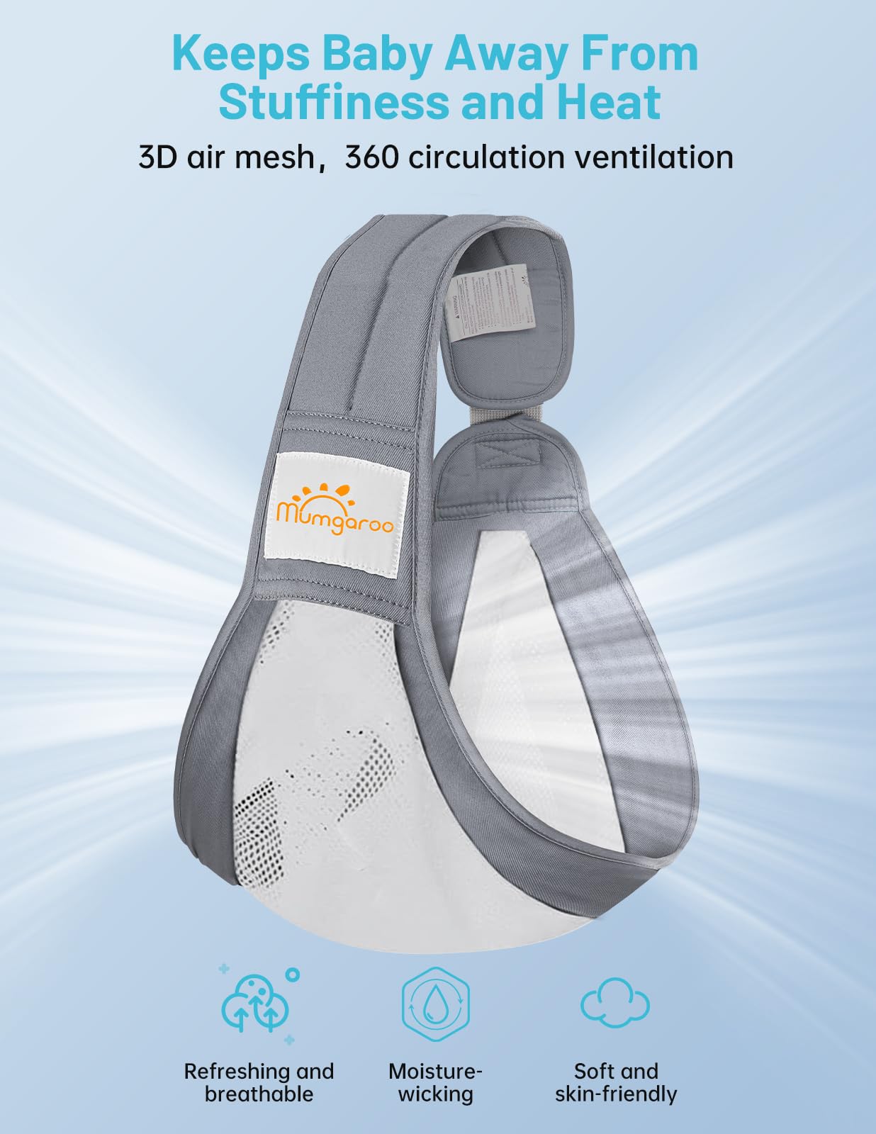 Mumgaroo Baby Sling Carrier 3D mesh panel highlights breathable comfort in warm weather.
