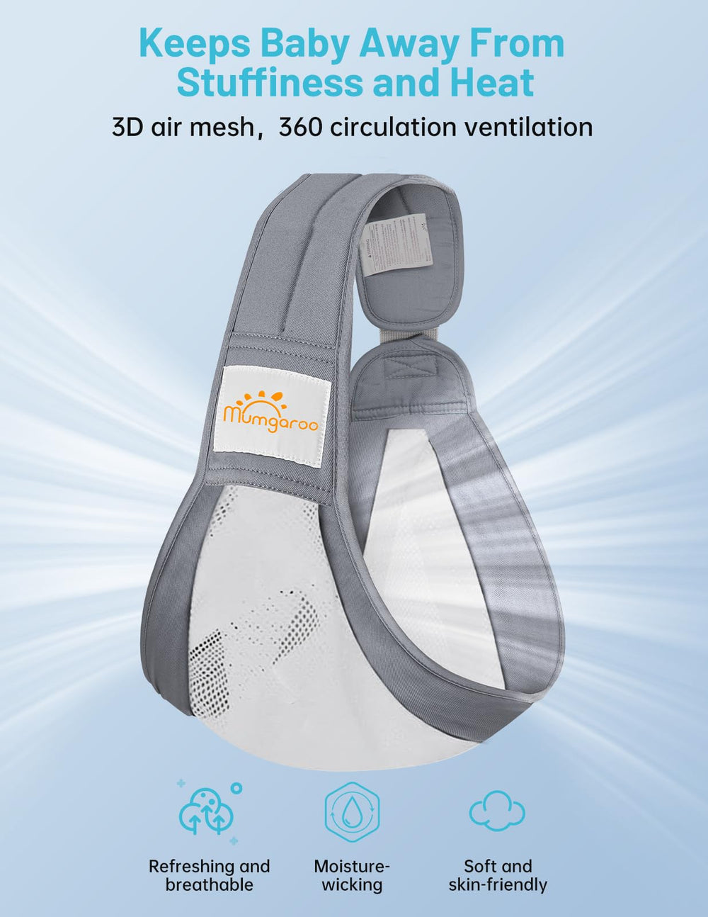Mumgaroo Baby Sling Carrier 3D mesh panel highlights breathable comfort in warm weather.