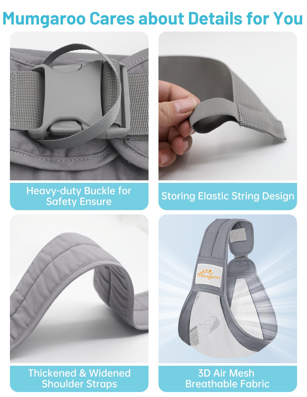 Mumgaroo Baby Sling Carrier on-off feature shows quick, effortless wear for busy days.