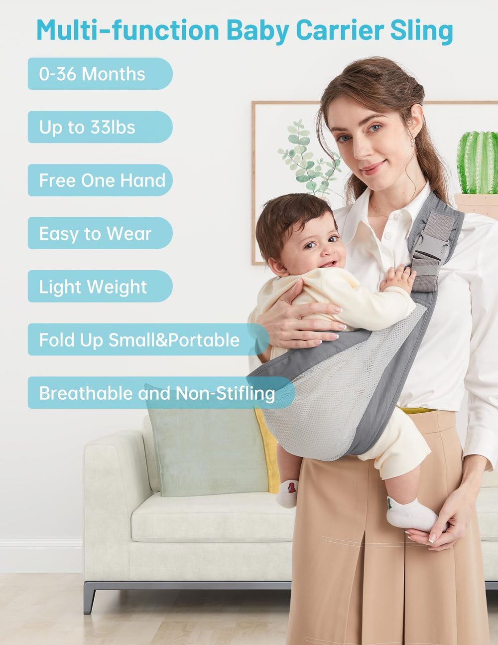 Mumgaroo Baby Sling Carrier nursing coverage portrays discreet, hands-free feeding while wearing.