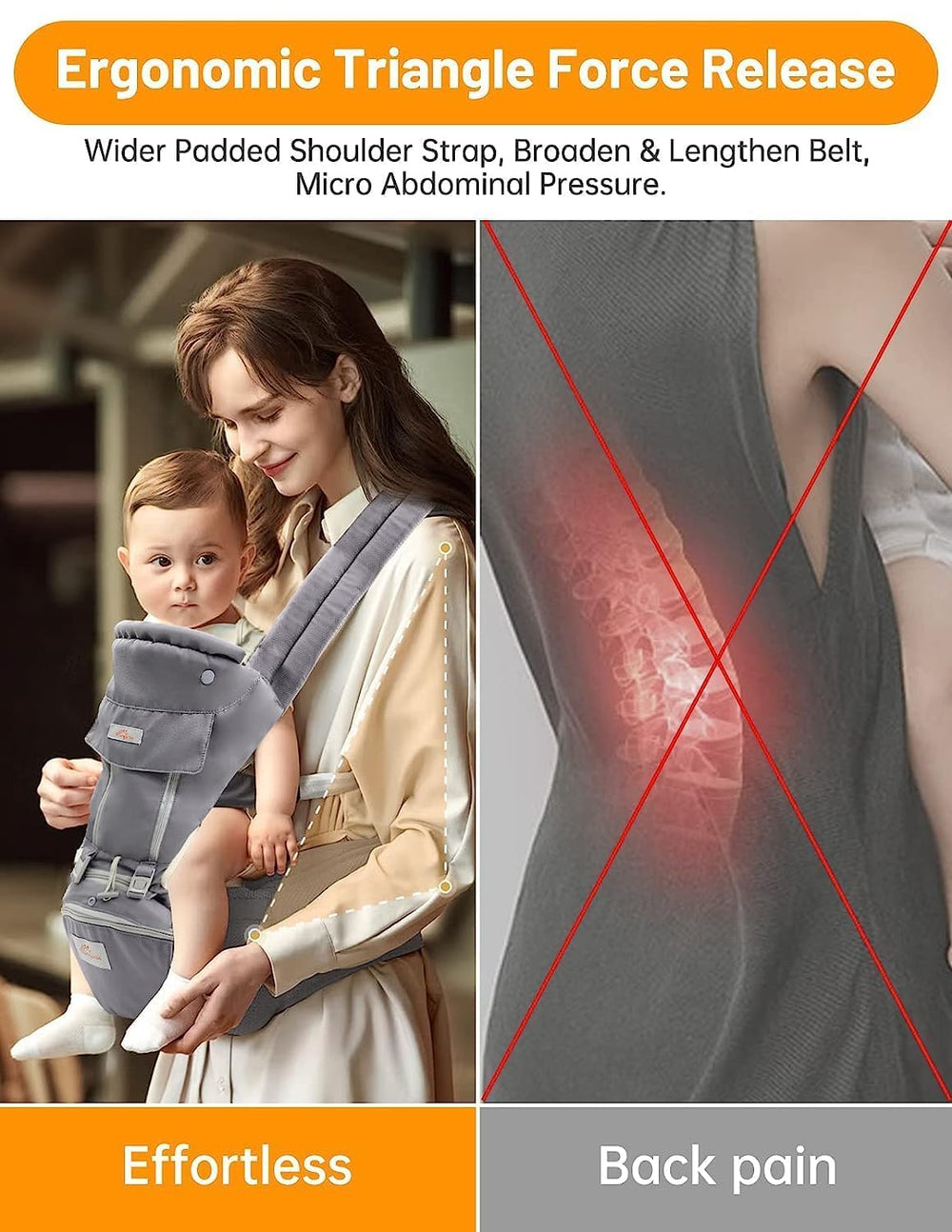 Mumgaroo hip-seat promotes the ergonomic M-position for baby hips and legs.