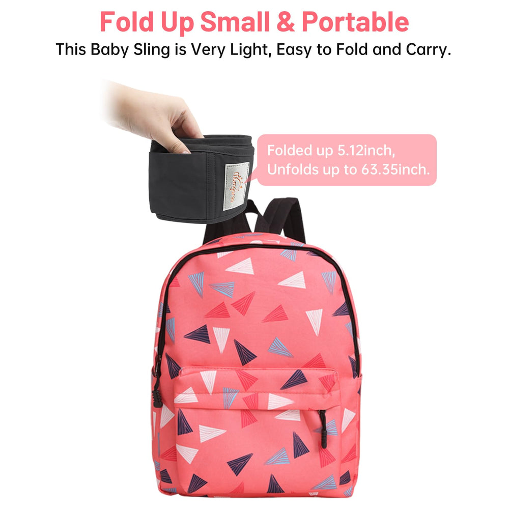 Mumgaroo carrier folded compactly fits diaper bag for outings.