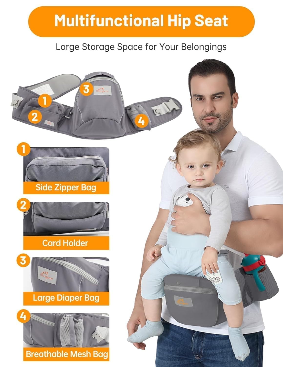 Mumgaroo wide straps and waistband distribute weight for longer carries.