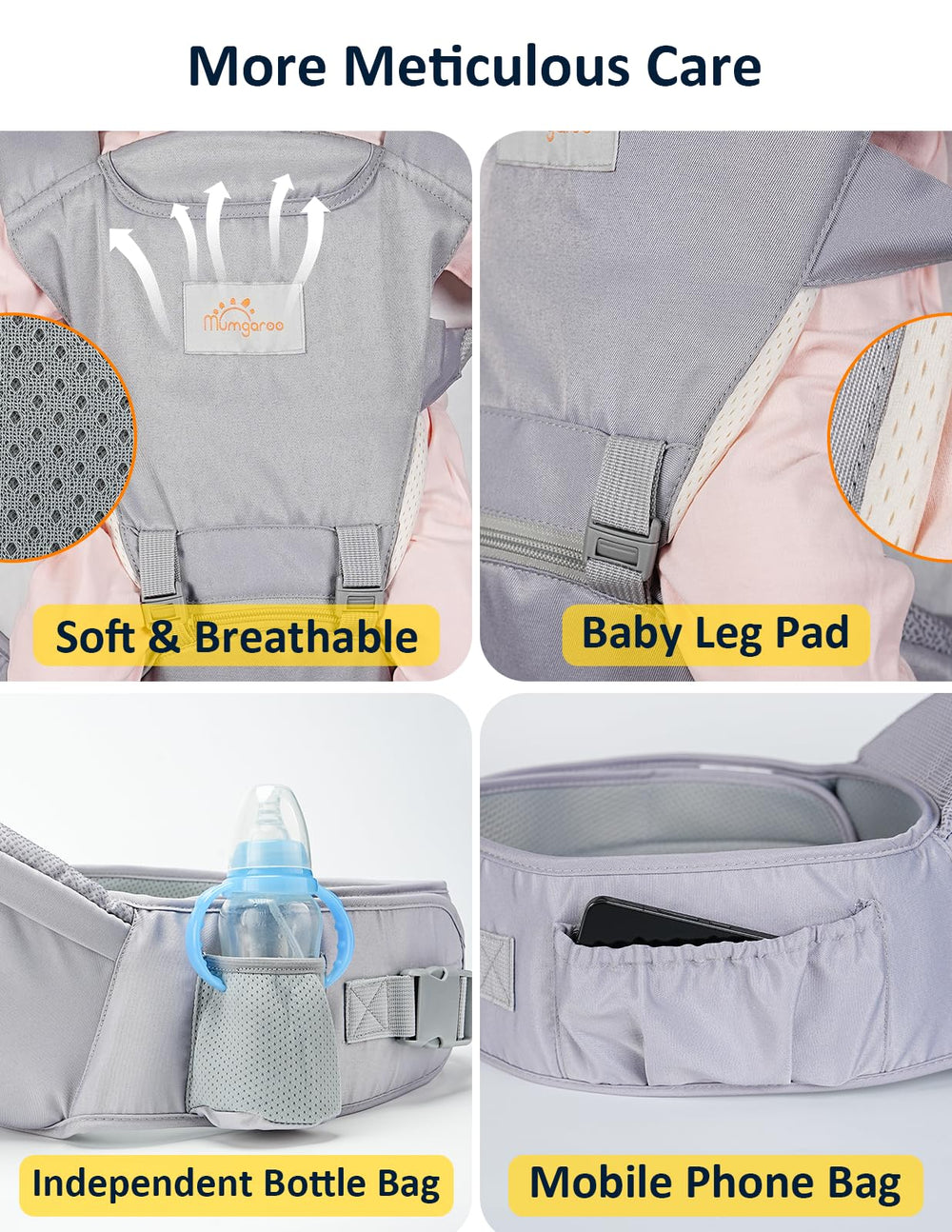 Mumgaroo side-pocket design shows convenient storage for phone, keys, or bottle.