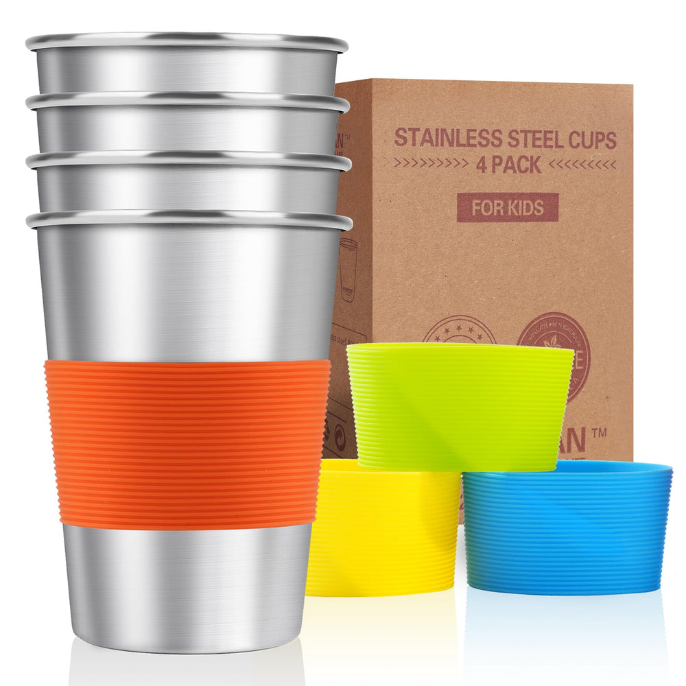 MUMIGUAN kids stainless steel cups with silicone sleeves in a 4-pack, ready for use