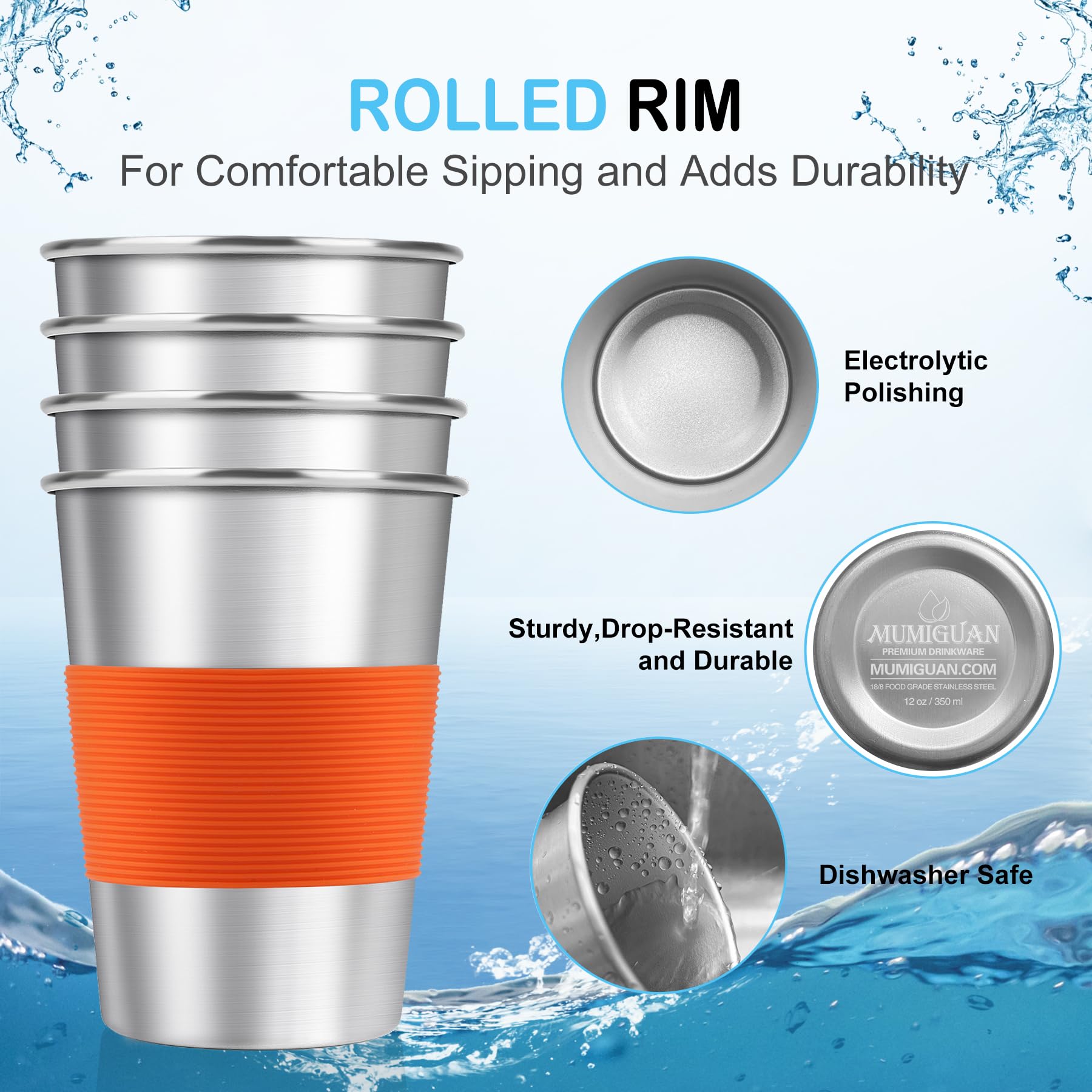 Stackable MUMIGUAN stainless steel cups arranged for storage