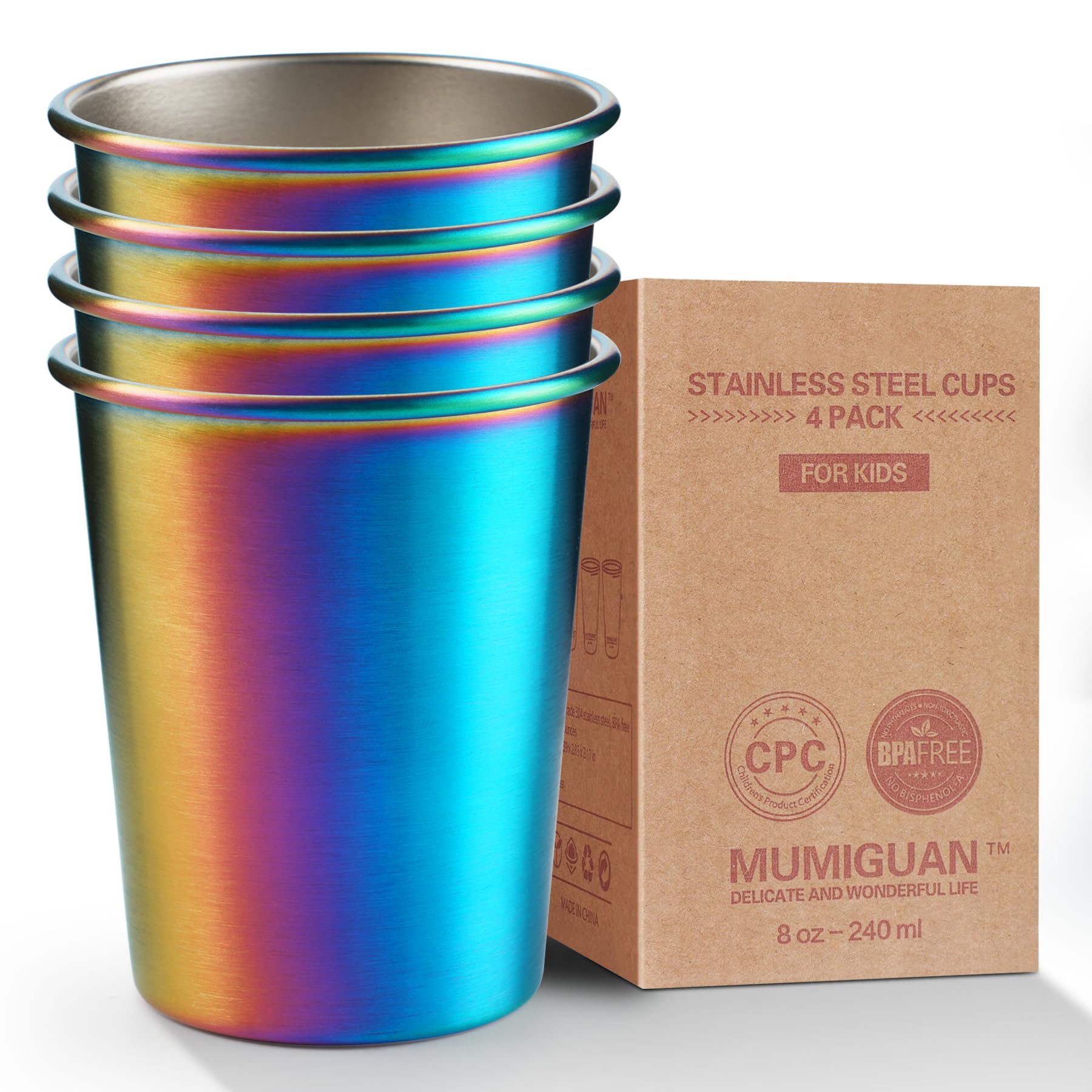 MUMIGUAN stainless steel cups with rainbow outside for durable outdoor use.