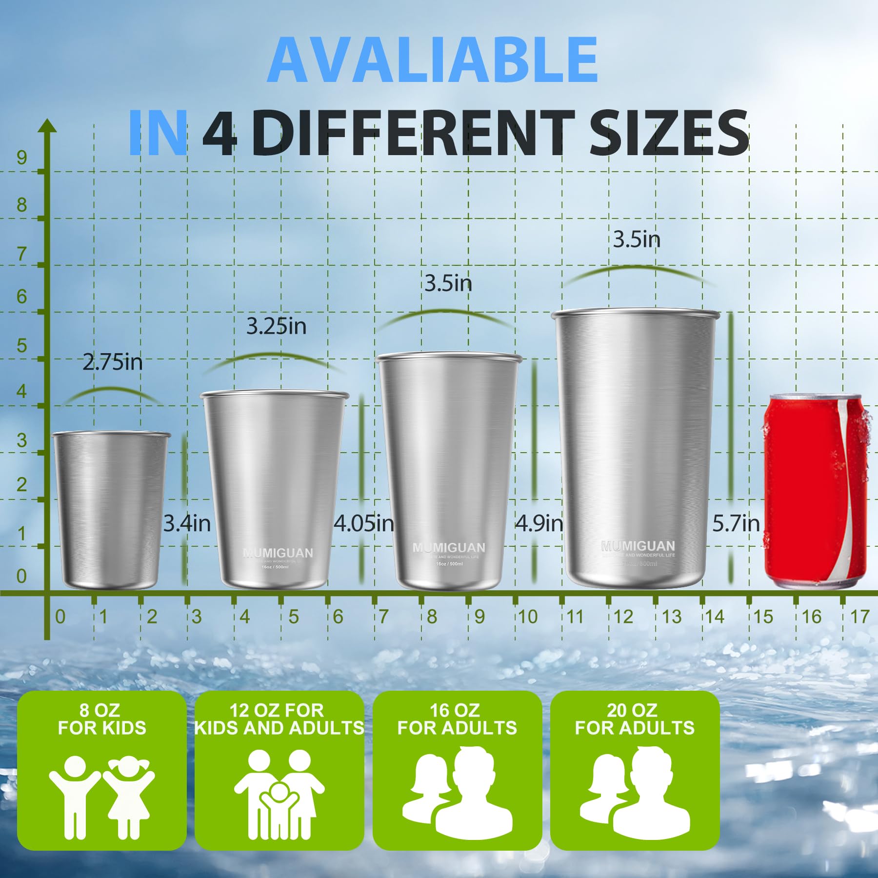 MUMIGUAN versatile cups suitable for juice, water, smoothies, or milk.