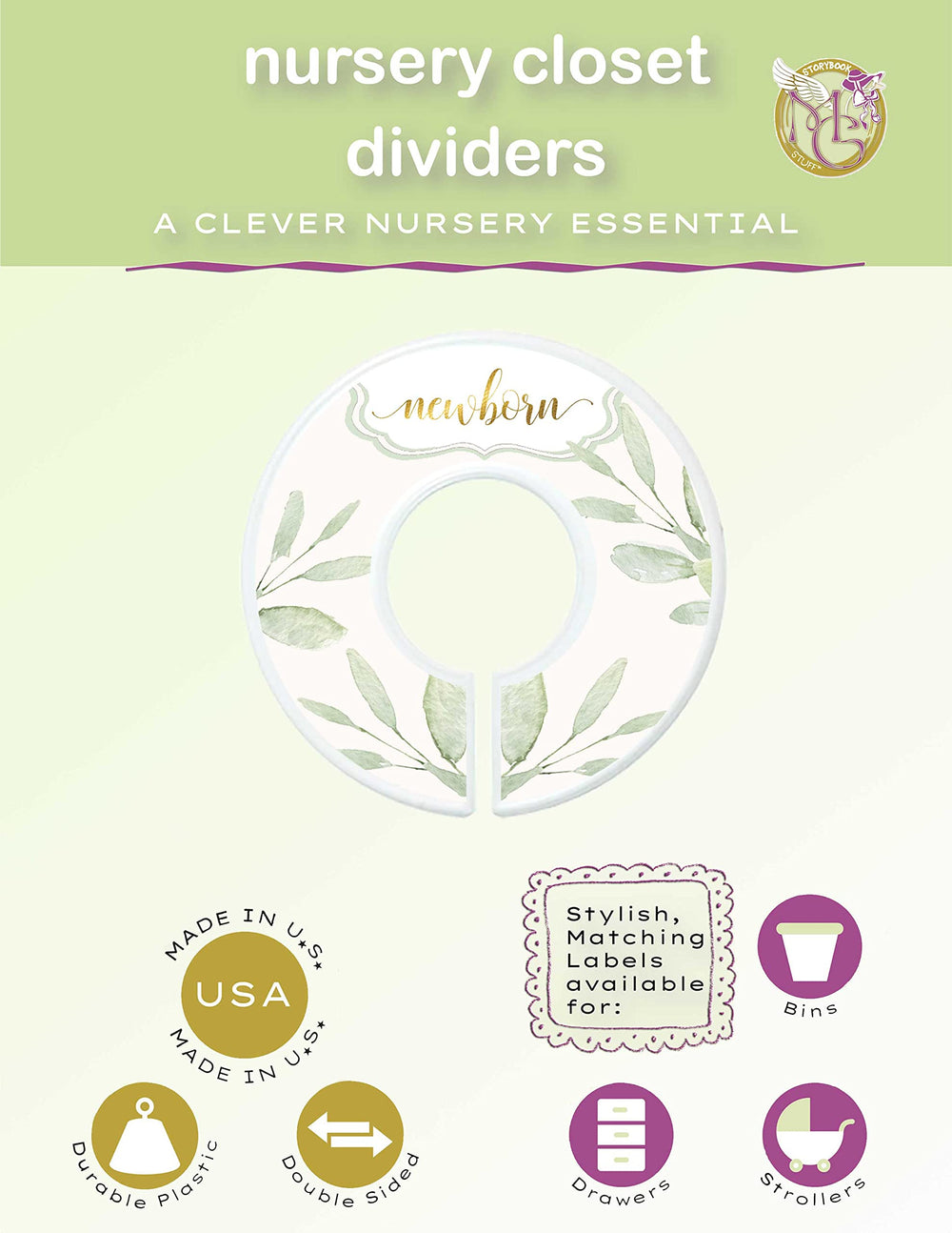Mumsy Goose baby dividers greenery set7 side view highlighting double-sided readability.